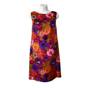 A5 Auth MANDARIN COLLECTION OF DYNASTY VTG 1960s Bright Florals Silk Dress Sz 14